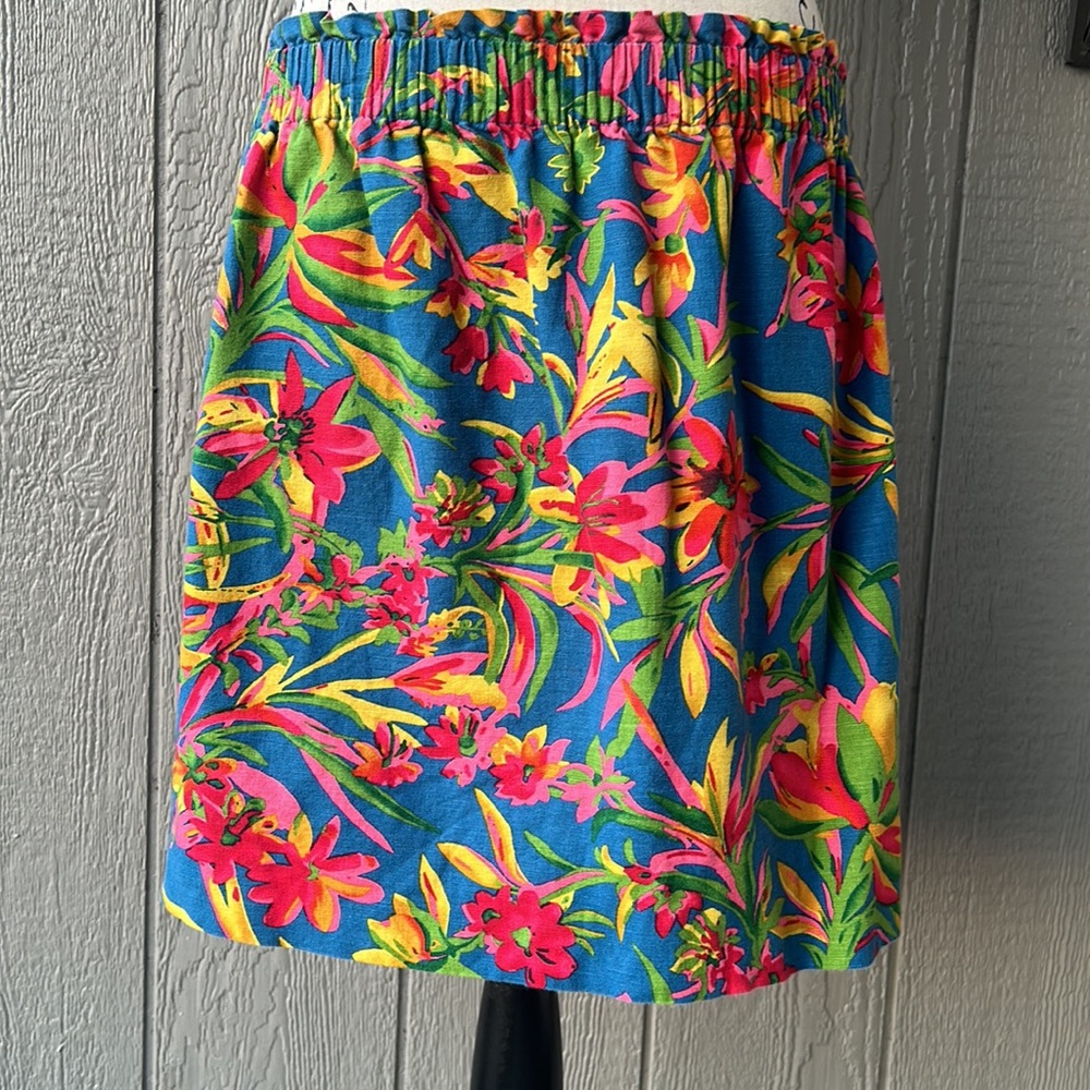 J. Crew Linen Blend Market Skirt Floral Tropical Pull-On Pockets Size 14